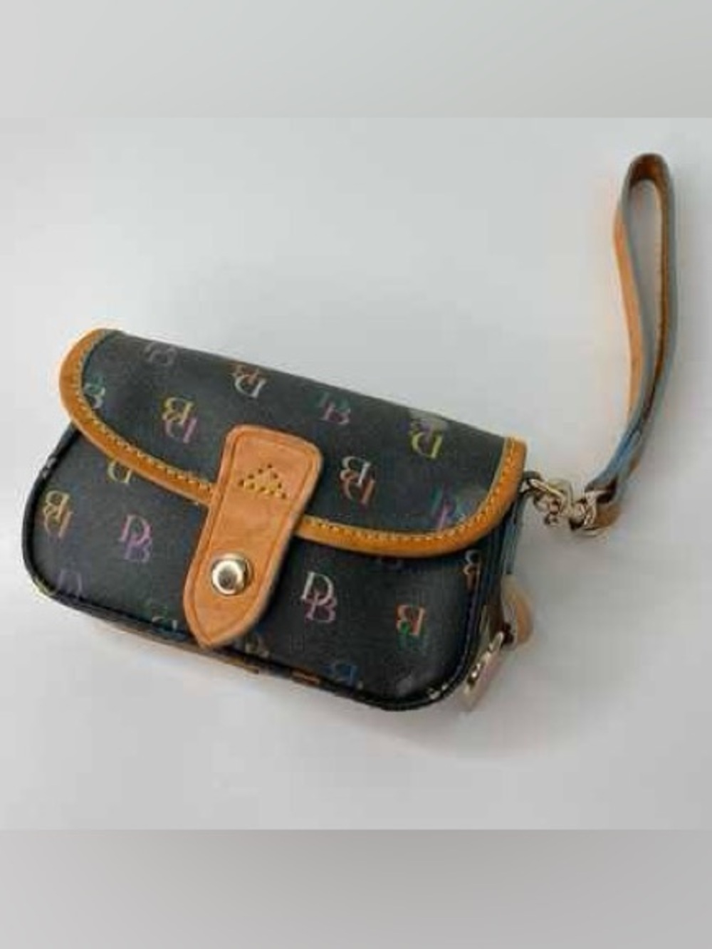 Dooney & Bourke vintage Black Wristlet Multicolor Logo Tan Trim rainbow charm